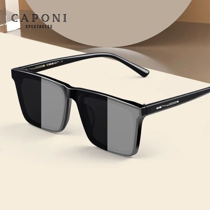 image-CAPONI Nylon Polarized Sunglasses High Quality Acetate Square Flat Design Sun Glasses For Men UV400 Protect Black Shades CP7499