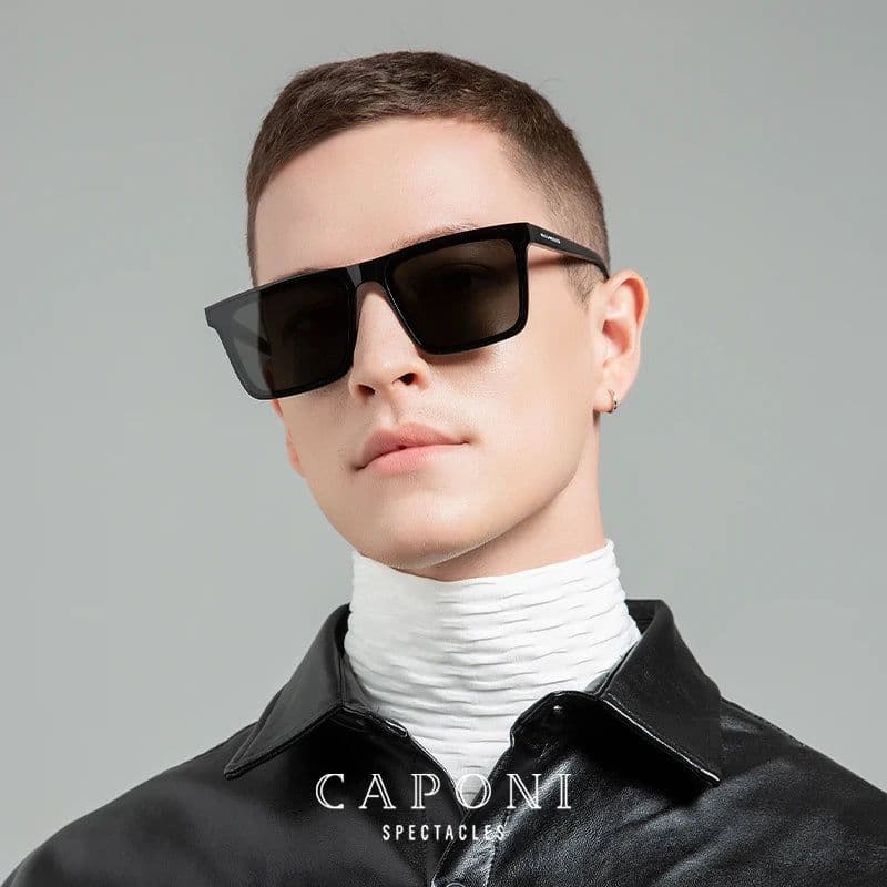 image-CAPONI Nylon Polarized Sunglasses High Quality Acetate Square Flat Design Sun Glasses For Men UV400 Protect Black Shades CP7499