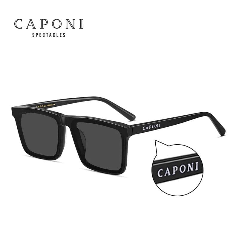 image-CAPONI Nylon Polarized Sunglasses High Quality Acetate Square Flat Design Sun Glasses For Men UV400 Protect Black Shades CP7499