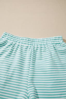 image-Sky Blue Stripe Cuffed Sleeve Contrast Mock Neck Tee Casual 2pcs Short Set