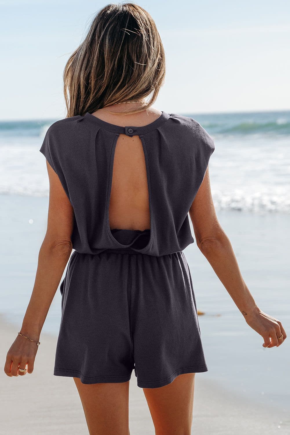 image-Bristol Black Knit Open Back Cap Sleeve Drawstring Elastic Waistband Romper