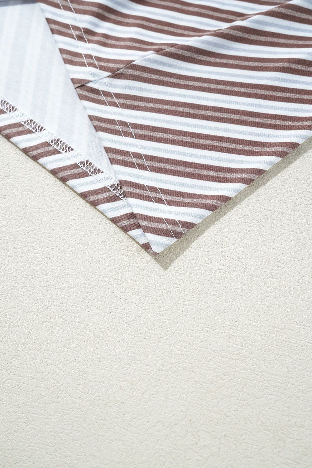 image-Chestnut Striped Stand V Neck Short Sleeve Blouse
