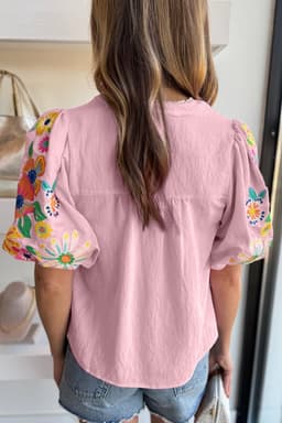 image-Pink Floral Embroidered Puff Sleeve Blouse with Split Neck & Tie Detail
