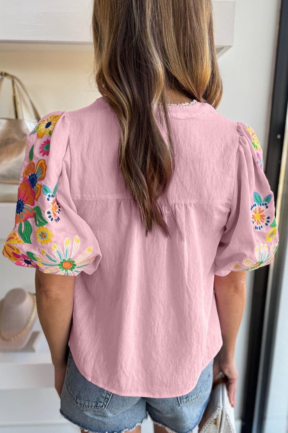 image-Pink Floral Embroidered Puff Sleeve Blouse with Split Neck & Tie Detail