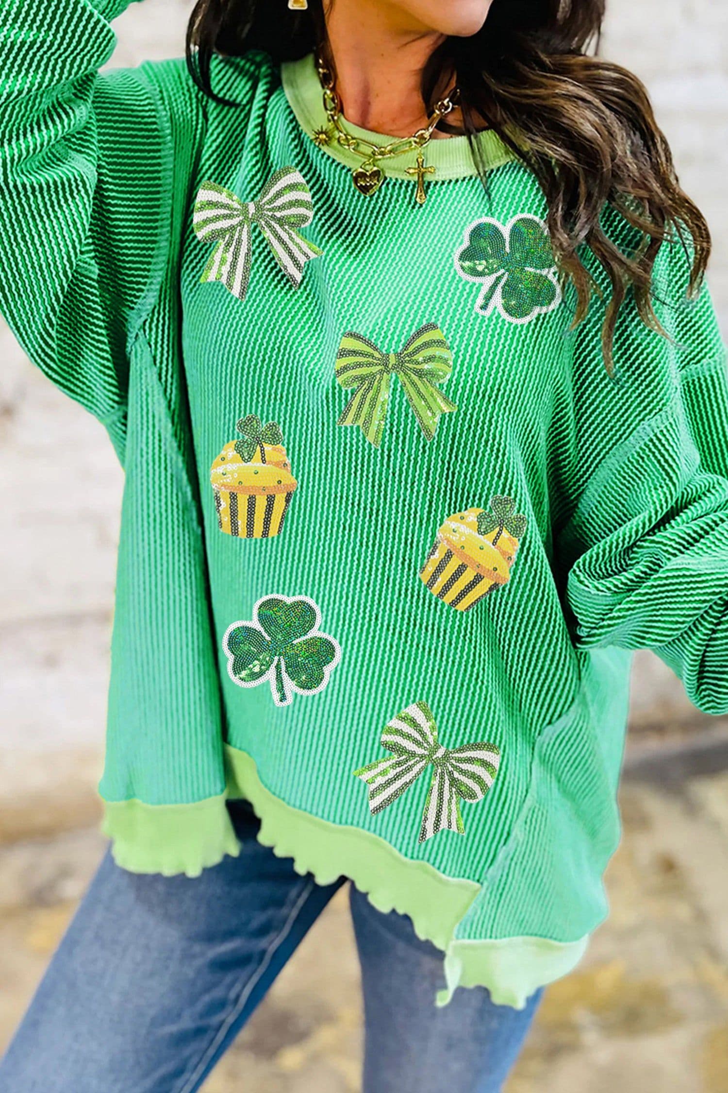 image-Bright Green Twisted Rib St Patricks Day Sequin Patch Graphic Long Sleeve Top