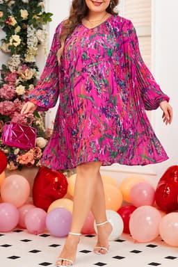 image-Plus Size Floral Print Pleated Dress - Abstract Design, Loose Fit
