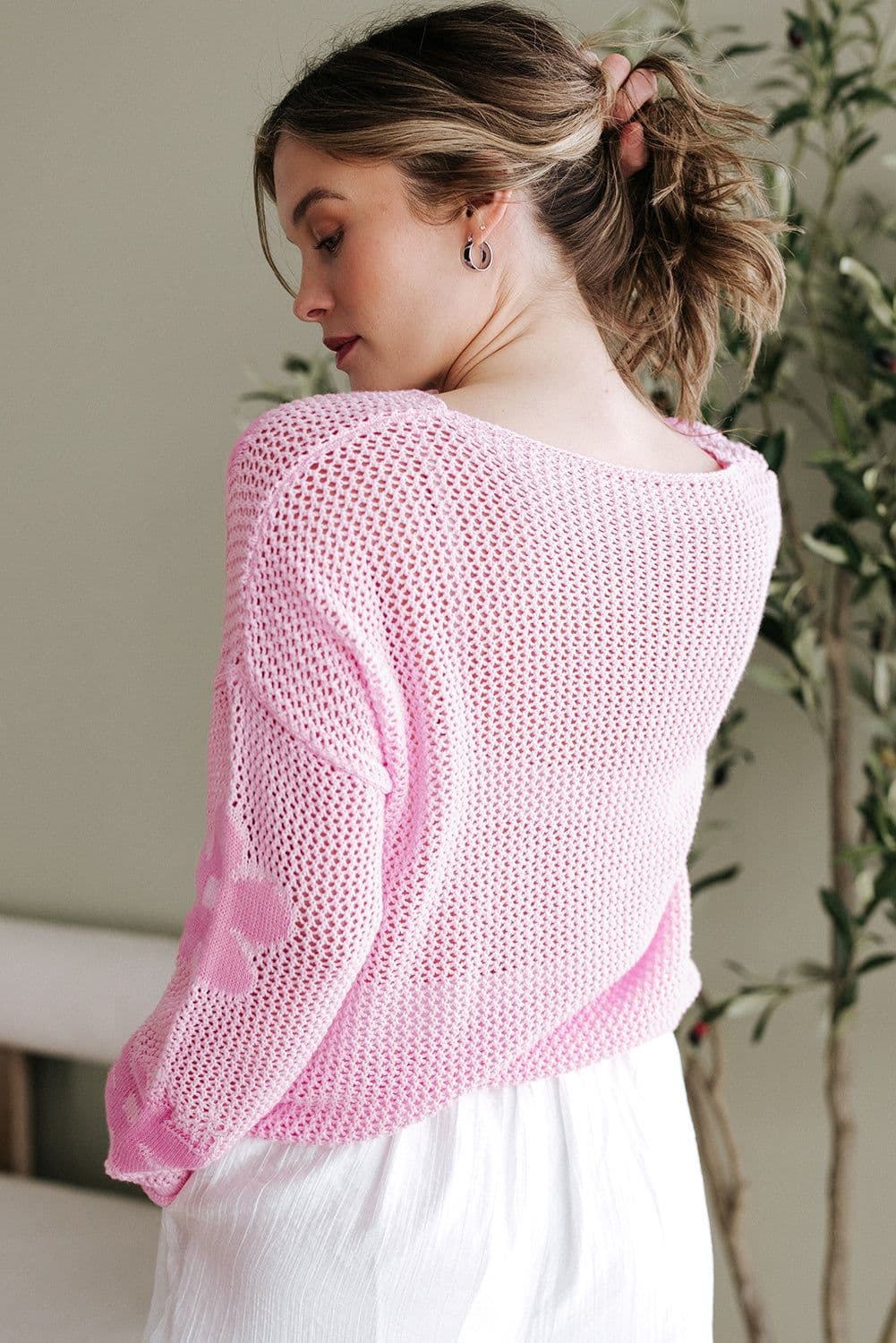 image-Light Pink Hollowed Knit Drop Shoulder Sweater - Chic & Feminine