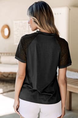 image-Khaki Contrast Lace Raglan Sleeve Tee - Casual Short Sleeve Top