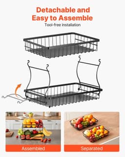 image-VEVOR 2 Tier Fruit Basket, Countertop Fruits Vegetable Bowl with Banana Hangers, Metal Wire Storage Stand for Kitchen Counter, Detachable Stackable Holder Organizer for Bread Snack Veggies, Black