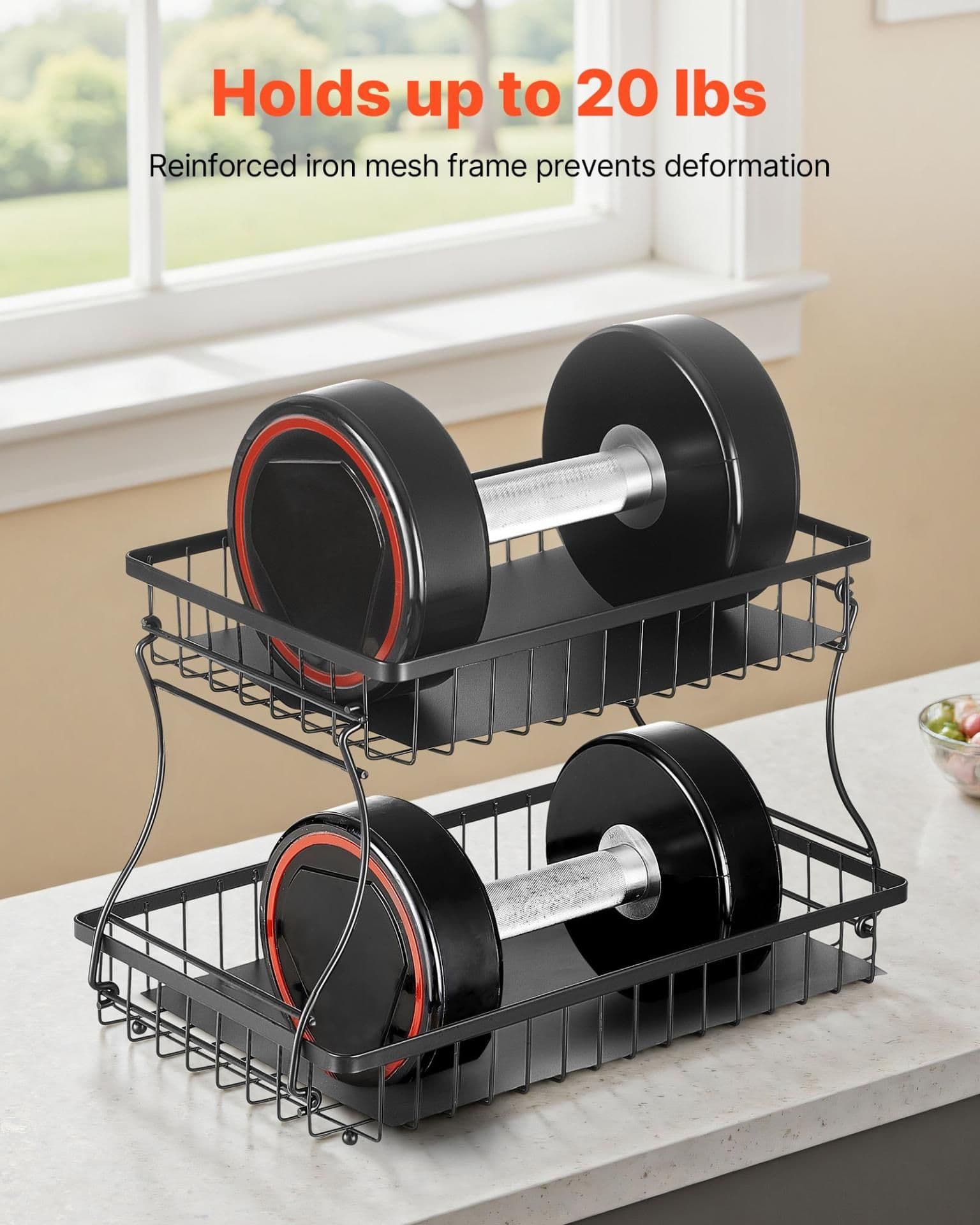 image-VEVOR 2 Tier Fruit Basket, Countertop Fruits Vegetable Bowl with Banana Hangers, Metal Wire Storage Stand for Kitchen Counter, Detachable Stackable Holder Organizer for Bread Snack Veggies, Black
