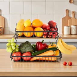 image-VEVOR 2 Tier Fruit Basket, Countertop Fruits Vegetable Bowl with Banana Hangers, Metal Wire Storage Stand for Kitchen Counter, Detachable Stackable Holder Organizer for Bread Snack Veggies, Black