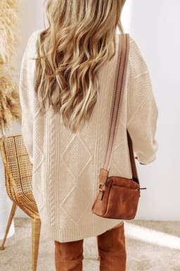 image-Oatmeal Cable Knit Drop Shoulder Loose Fit Sweater Dress