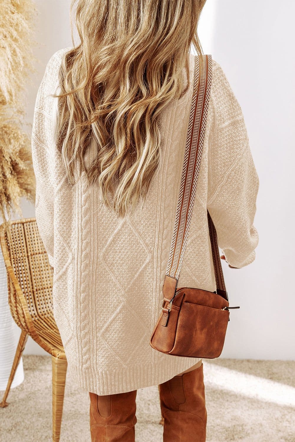 image-Oatmeal Cable Knit Drop Shoulder Loose Fit Sweater Dress