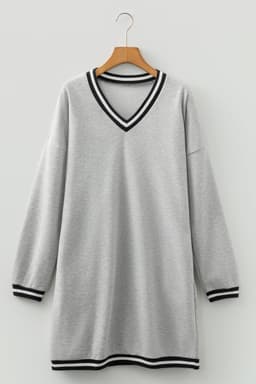 image-Light Grey Striped Trim V Neck Long Sleeve Preppy T Shirt Dress