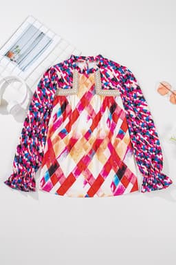 image-Rose Red Geometric Patchwork Puff Sleeve Blouse