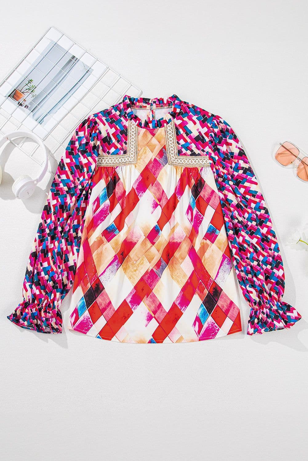 image-Rose Red Geometric Patchwork Puff Sleeve Blouse
