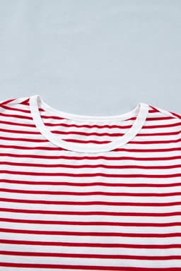 image-Red Stripe Contrast Trim Round Neck Short Puff Sleeve T Shirt