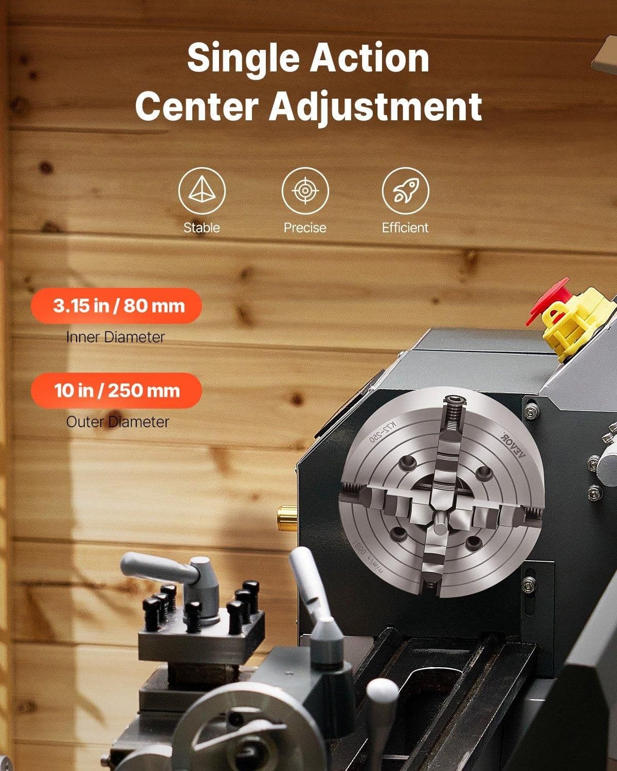 image-VEVOR 4-Jaw Lathe Chuck, 10 in (250 mm), Lathe Chuck, 0.6-9.84 in (15-250 mm) Clamping Range with T-key Fixing Screws Reversible Jaws, HT300 Cast Iron Material, Internal External for Wood Metal Lathe
