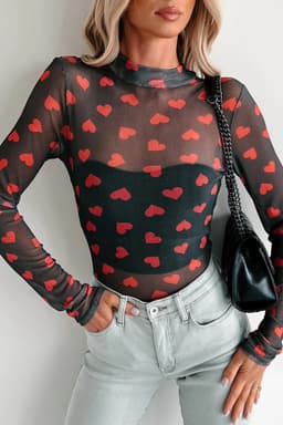 image-Black Valentines Heart Printed Sheer Mesh Long Sleeve Top