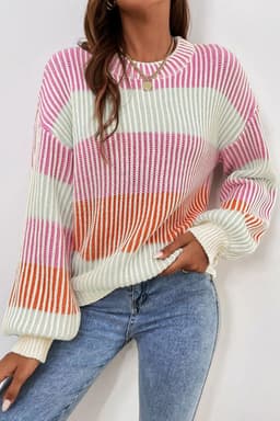 image-Textured Knit Colorblock Sweater - Bubble Sleeves - Brown