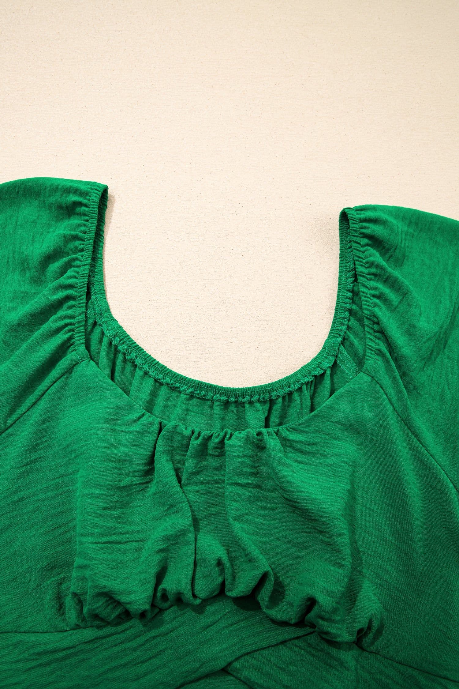 image-Dark Green Peplum Top - Ruched Waist Tied Back