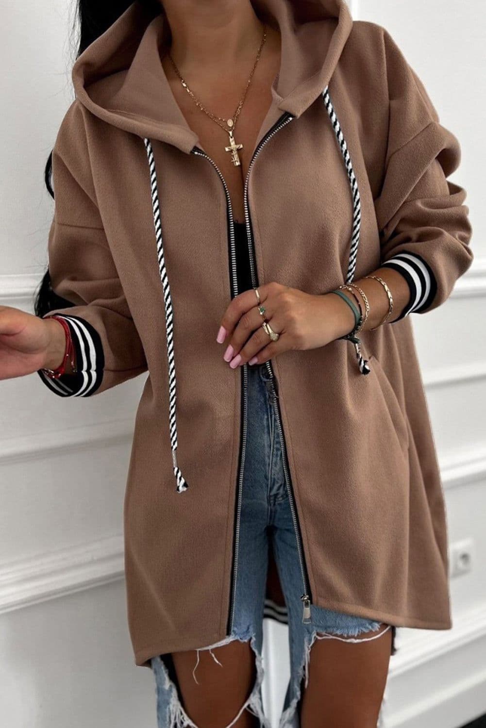 image-Racing Red Contrast Cuff Drop Shoulder Zip Hoodie