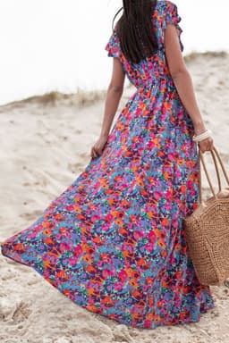 image-Blue Floral V Neck Wrap Split Maxi Dress