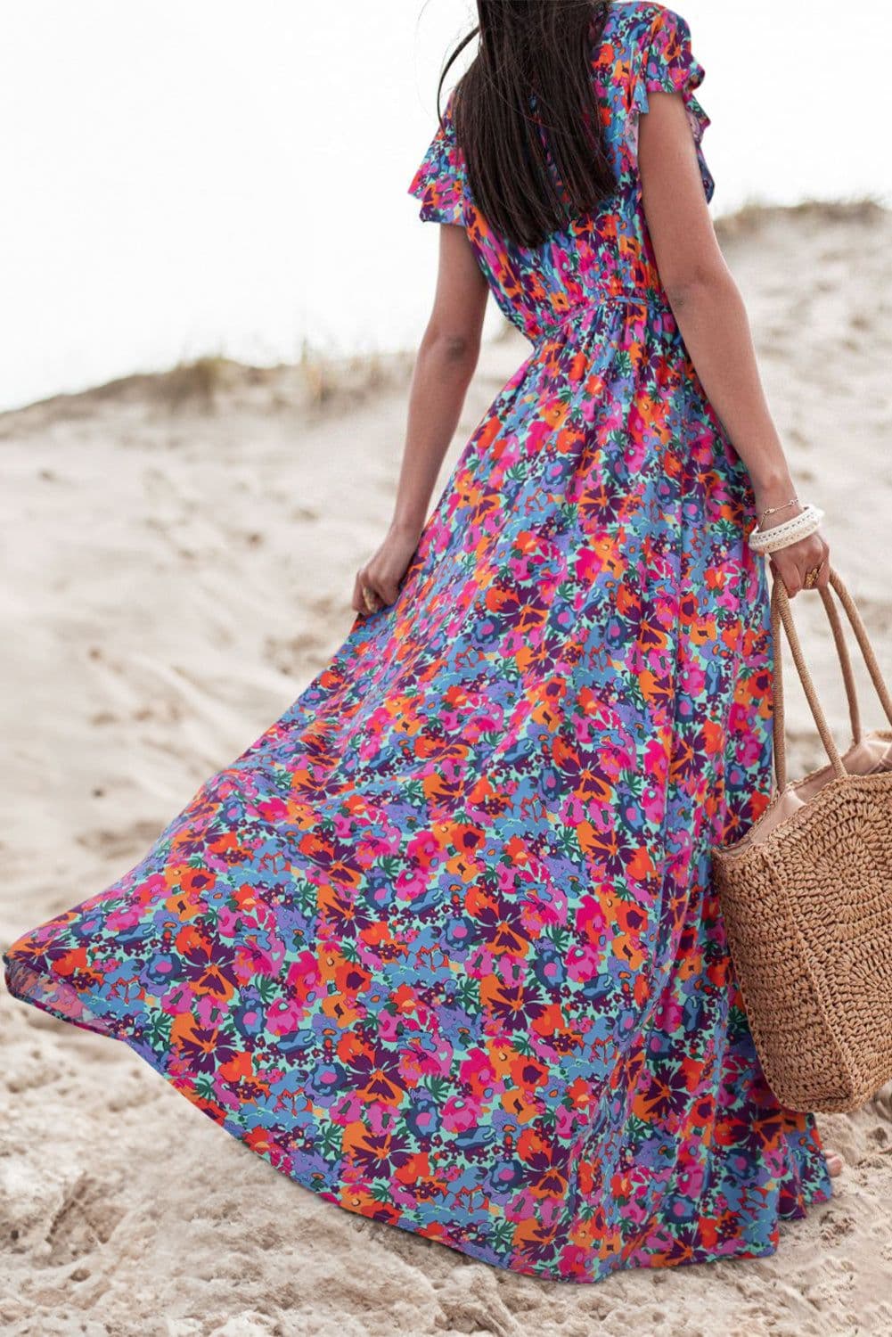 image-Blue Floral V Neck Wrap Split Maxi Dress