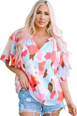 image-Multicolor Floral Print V Neck Half Sleeve Blouse