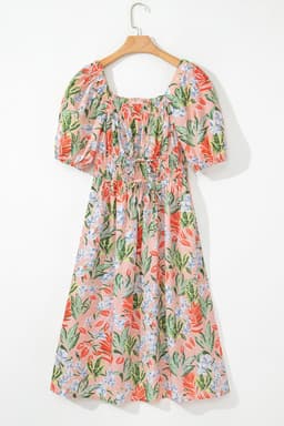 image-Apricot Pink Floral Smocked Bust Bubble Short Sleeve Maxi Dress
