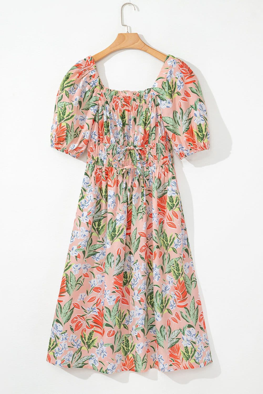 image-Apricot Pink Floral Smocked Bust Bubble Short Sleeve Maxi Dress