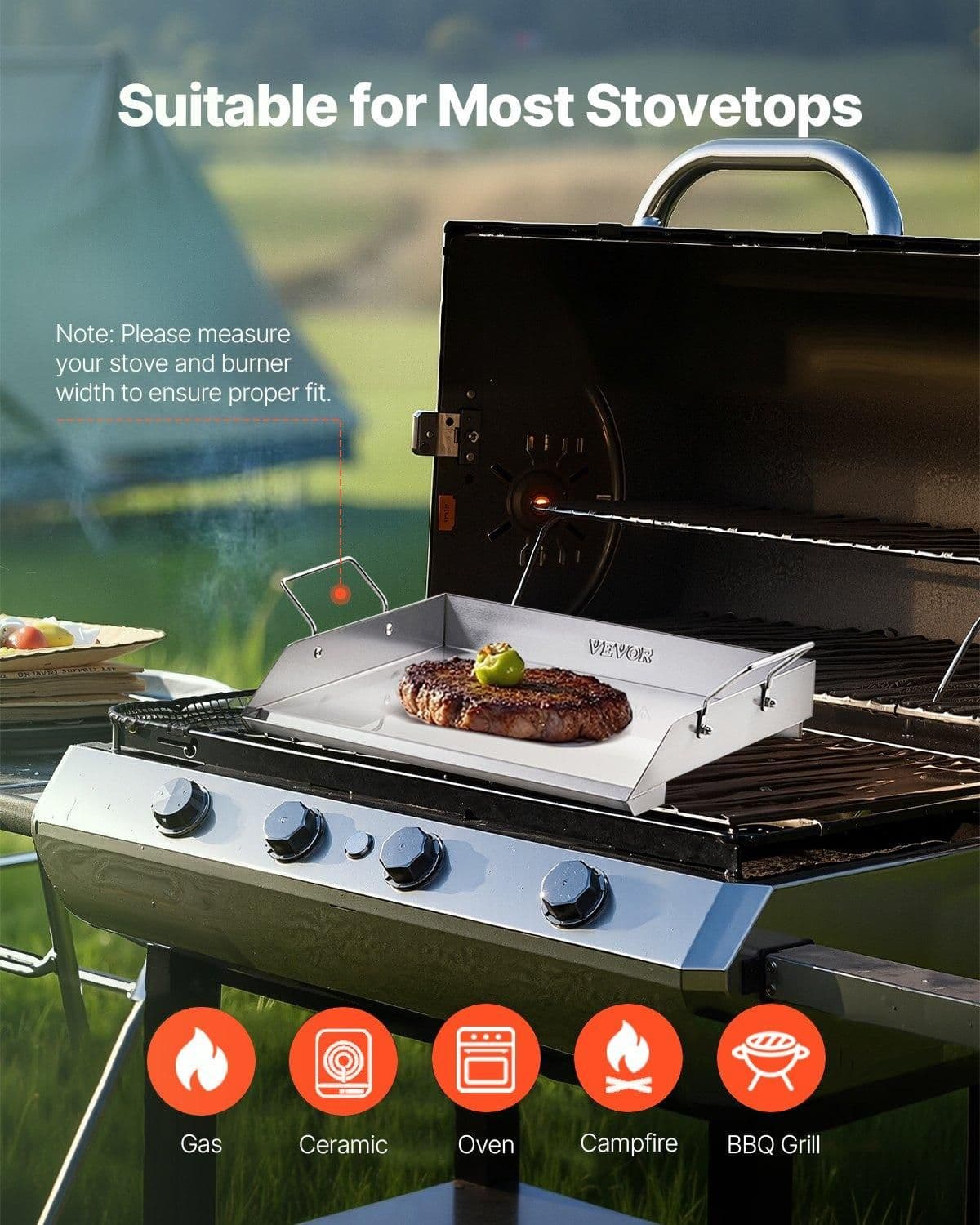 image-VEVOR Stainless Steel Griddle, 18x16 inch Universal Flat Top Rectangular Plate, Gas Grill Griddle for BBQ Grill, Teppanyaki, Portable Family Cookware with Handle, for Camping Tailgating Party