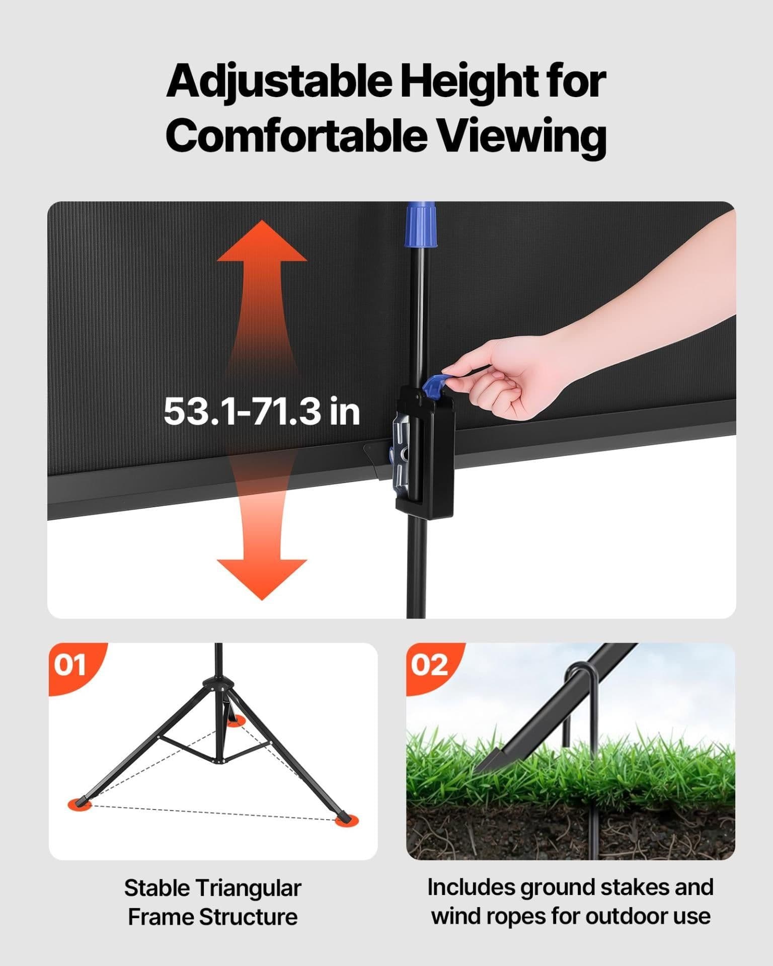 image-VEVOR Projector Screen with Stand, 60 Inch 160° Wide Angle Indoor Outdoor Projection Screen, 16:9 4K HD Wrinkleless Portable Tripod Screens with Carry Bag, for Movie Home Theater Office Presentation