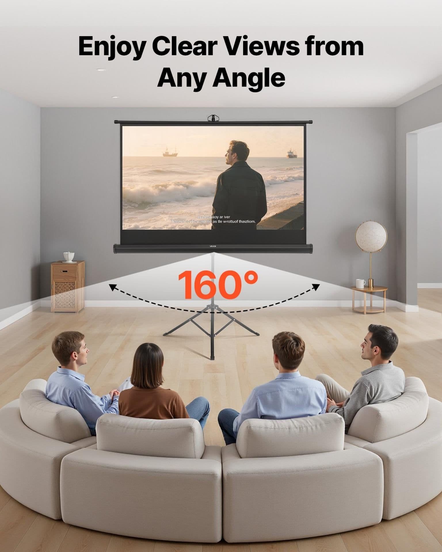 image-VEVOR Projector Screen with Stand, 60 Inch 160° Wide Angle Indoor Outdoor Projection Screen, 16:9 4K HD Wrinkleless Portable Tripod Screens with Carry Bag, for Movie Home Theater Office Presentation