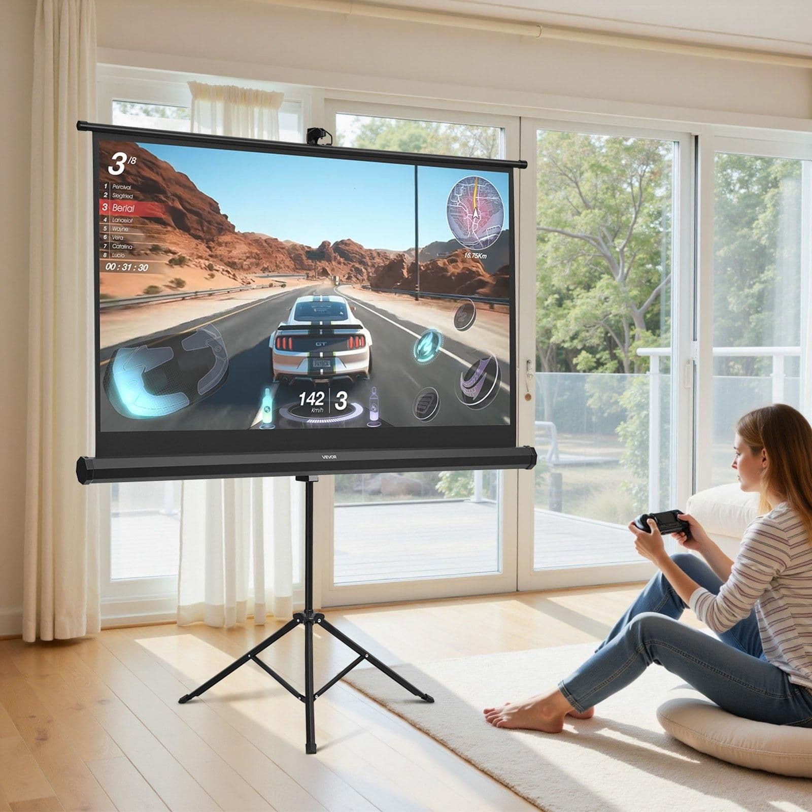 image-VEVOR Projector Screen with Stand, 60 Inch 160° Wide Angle Indoor Outdoor Projection Screen, 16:9 4K HD Wrinkleless Portable Tripod Screens with Carry Bag, for Movie Home Theater Office Presentation