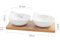 image-Ceramic Divided Serving Dish with Wooden Tray - Porcelain Bowl