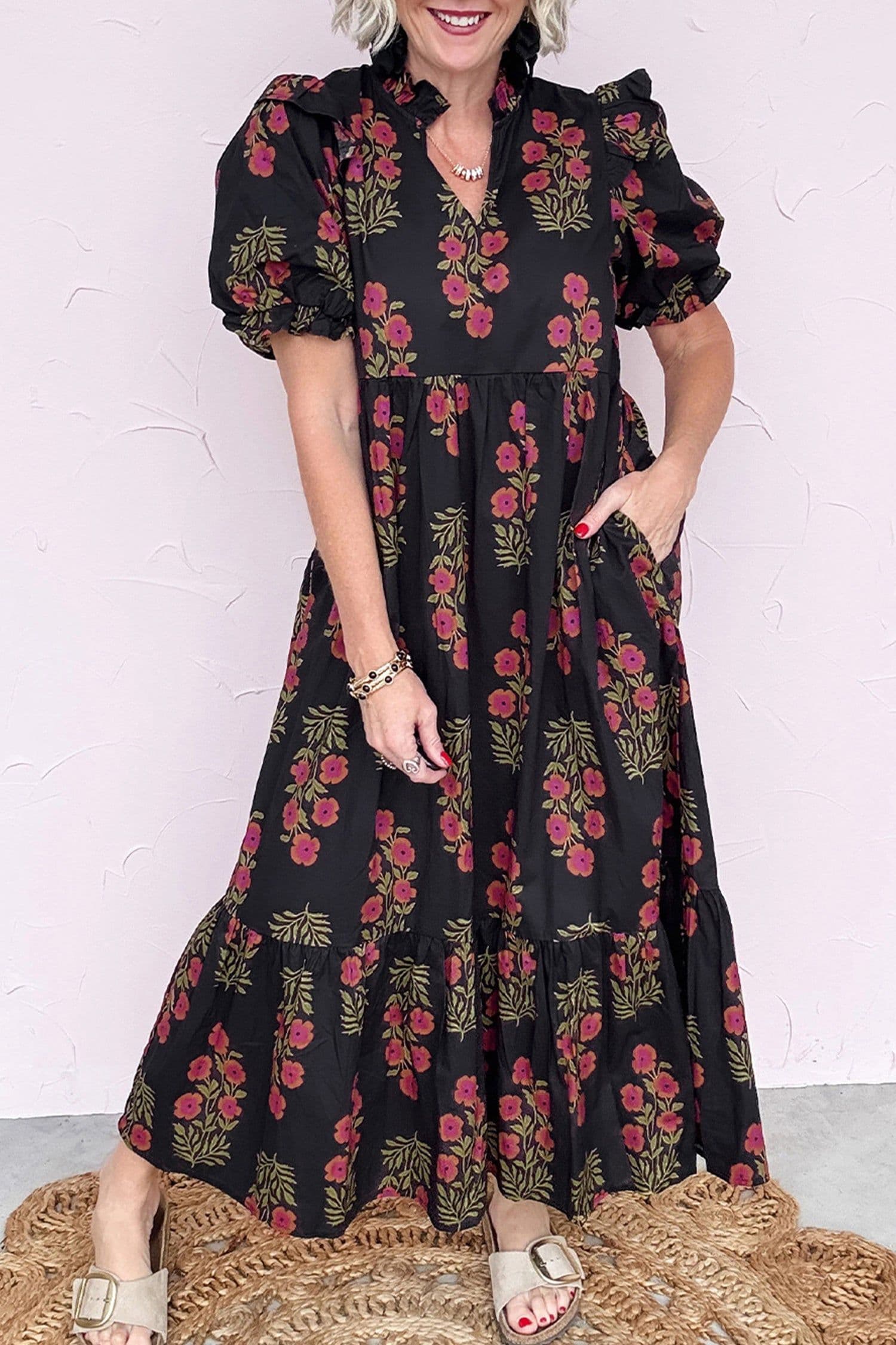 image-Beige Floral Maxi Dress - Short Puff Sleeve