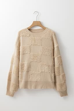 image-Checkered Sherpa Crew Neck Sweater - Parchment Loose Fit