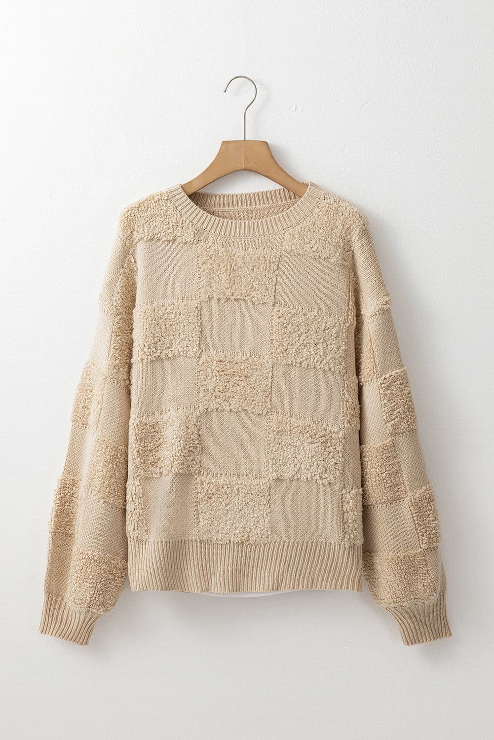 image-Checkered Sherpa Crew Neck Sweater - Parchment Loose Fit
