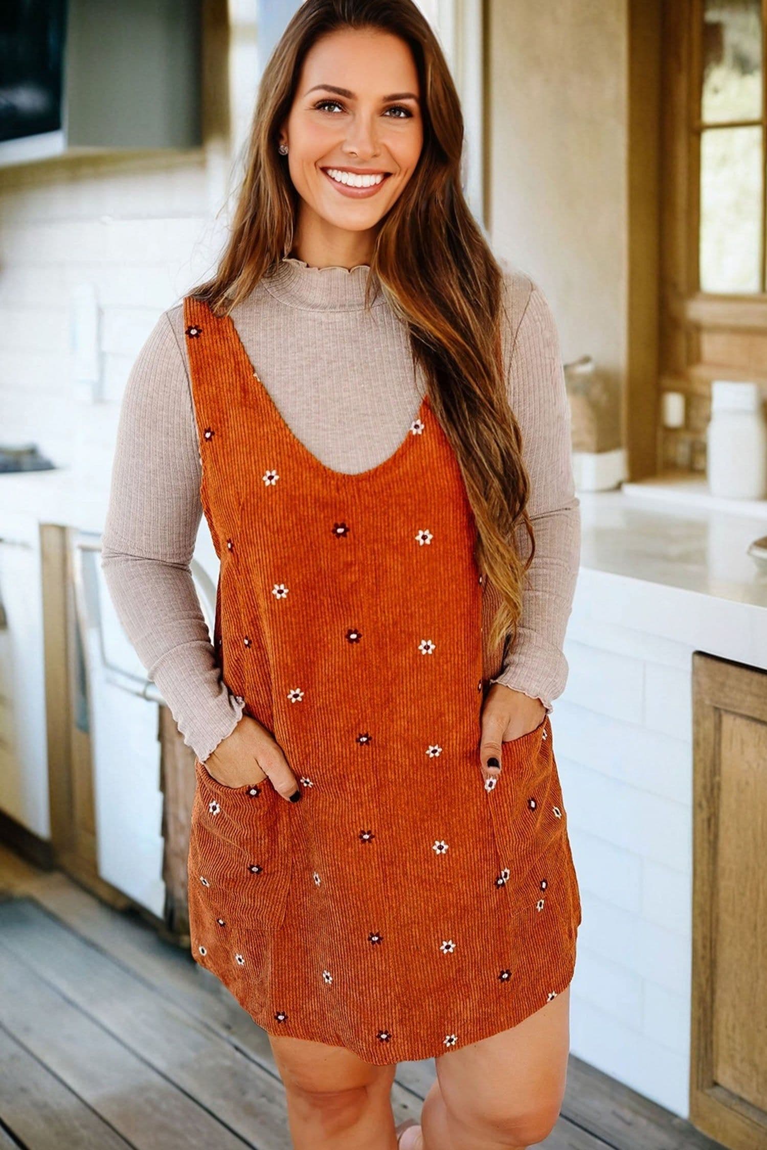 image-Gold Flame Flower Embroidered Corduroy Overall Mini Dress