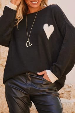 image-Black Heart Detail Contrast Cuffs Baggy Sweater
