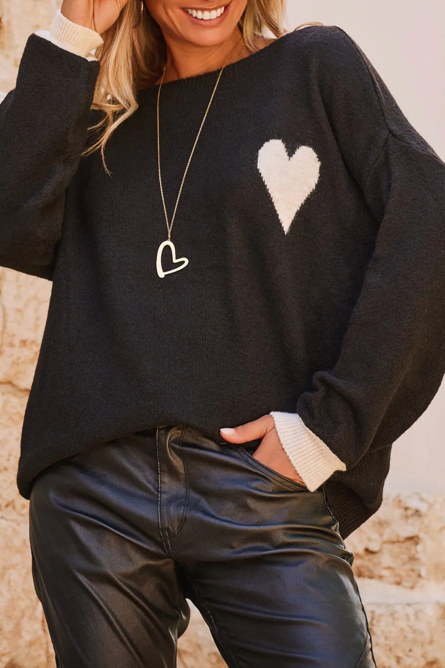image-Black Heart Detail Contrast Cuffs Baggy Sweater