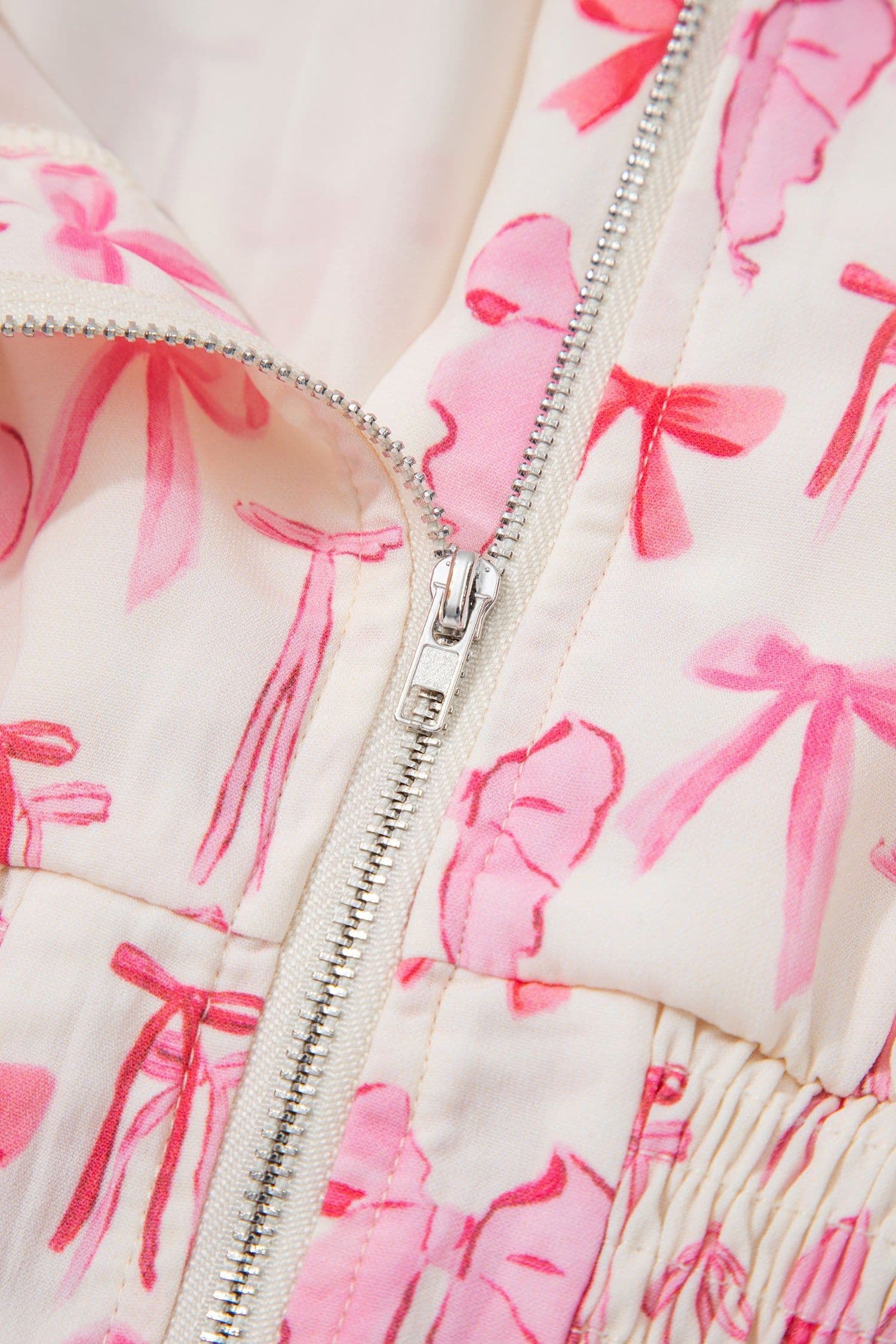 image-Pink Full Zip Cinched Waist Sleeveless Bow Mini Dress