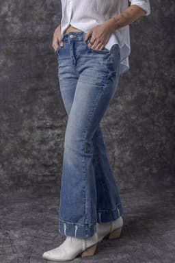image-Sky Blue Distressed Medium Wash Flare Jeans (65 characters)