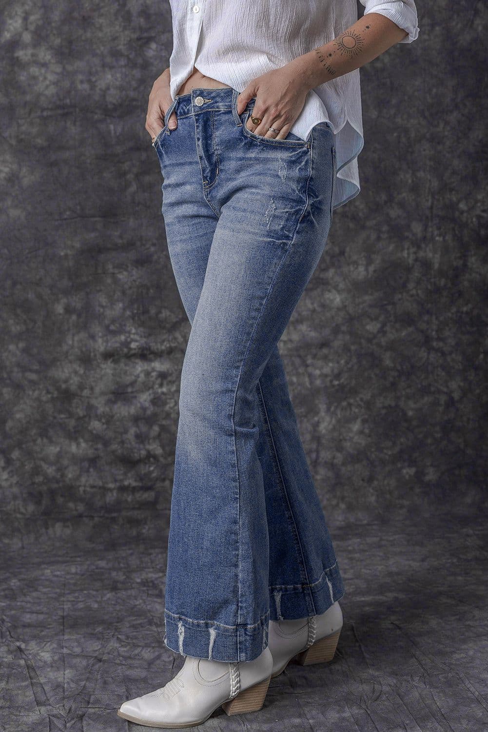 image-Sky Blue Distressed Medium Wash Flare Jeans (65 characters)