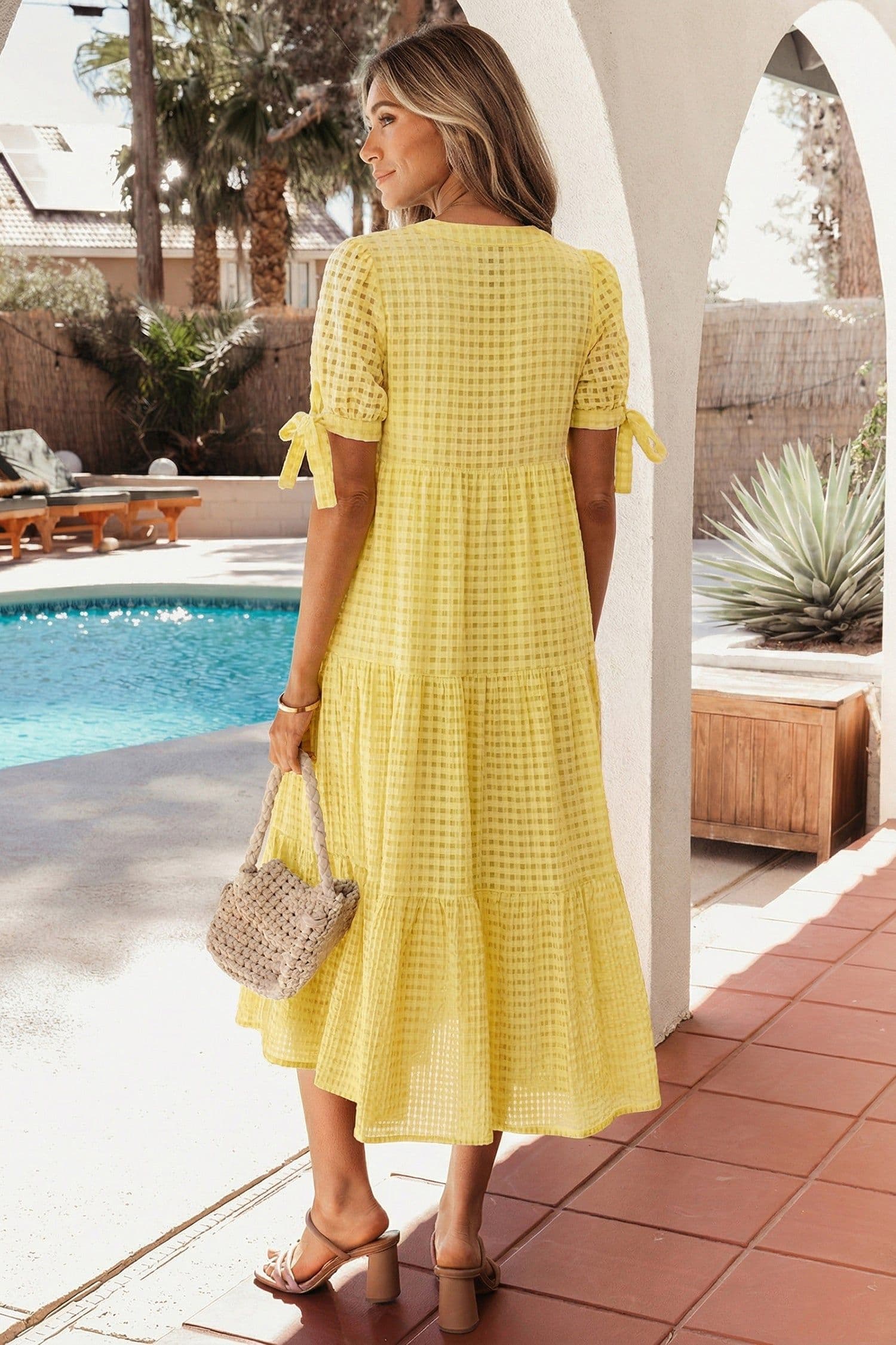 image-Dusk Blue Gingham Midi Dress - Bow Tie Sleeve