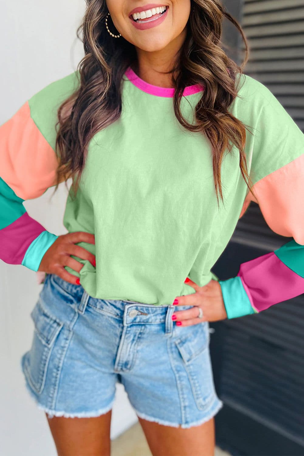 image-Dark Blue Colorblock Patchwork Long Sleeve Loose Top