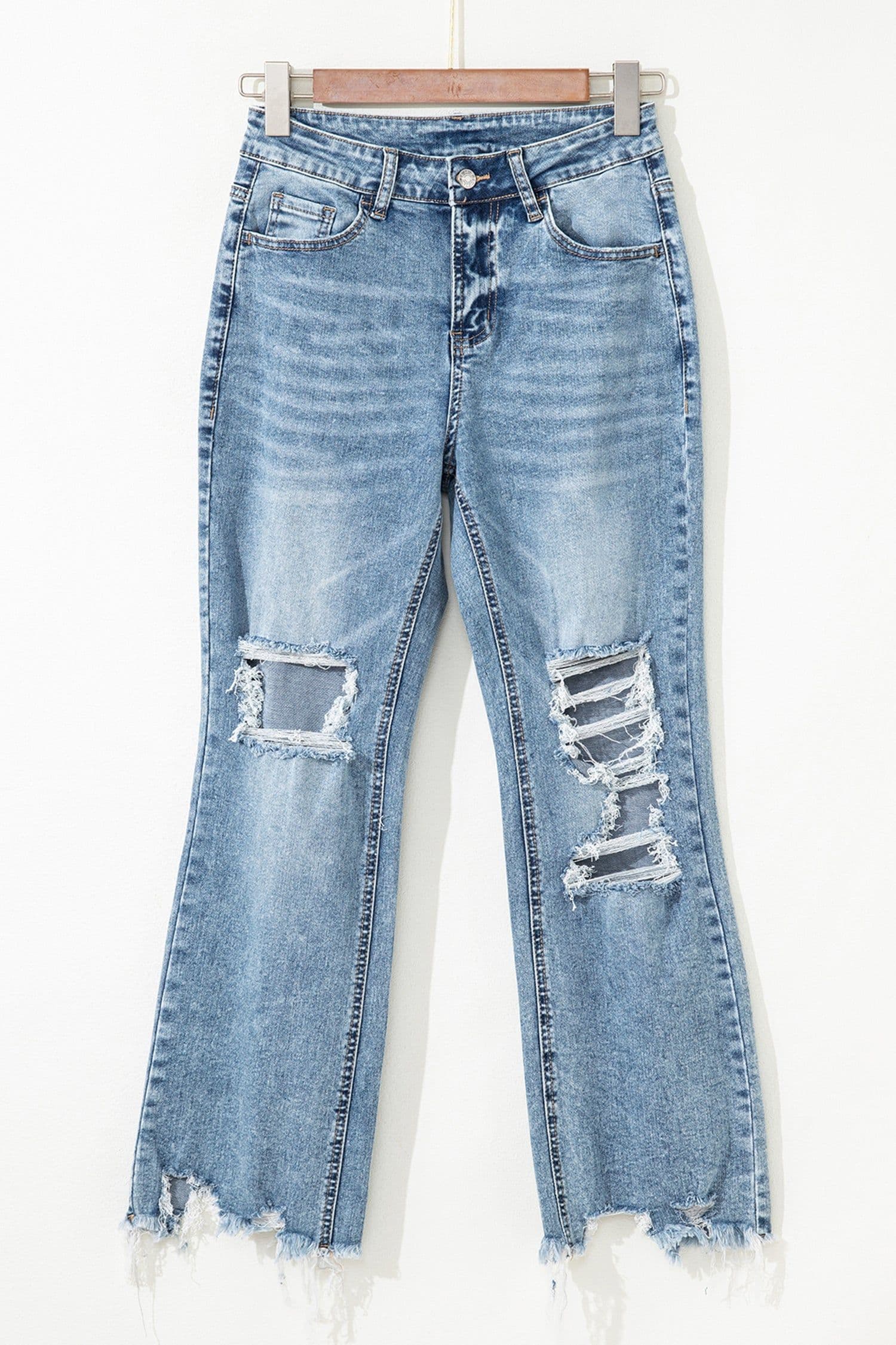 image-Myosotis Ripped Knee Fit Flare Jeans - Raw Hem