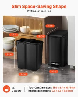 image-VEVOR Slim Bathroom Trash Can, 11.4 x 5.71 x 10.7 Inch Small Bedroom Trashcan with Step Pedal & Soft Close Lid, 6L Steel Garbage Can with Detachable Inner Bin, for Kitchen, Home, Dorm, Office, Black