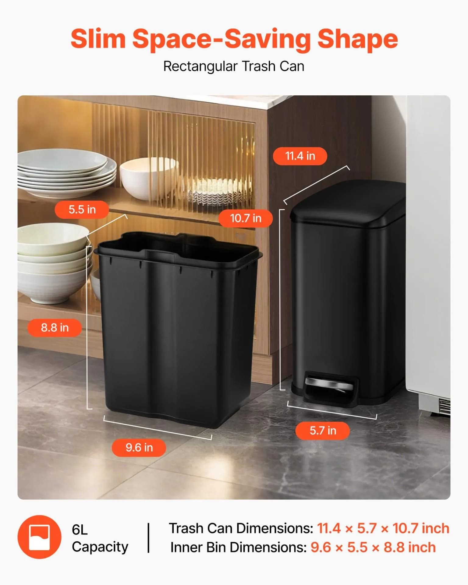 image-VEVOR Slim Bathroom Trash Can, 11.4 x 5.71 x 10.7 Inch Small Bedroom Trashcan with Step Pedal & Soft Close Lid, 6L Steel Garbage Can with Detachable Inner Bin, for Kitchen, Home, Dorm, Office, Black